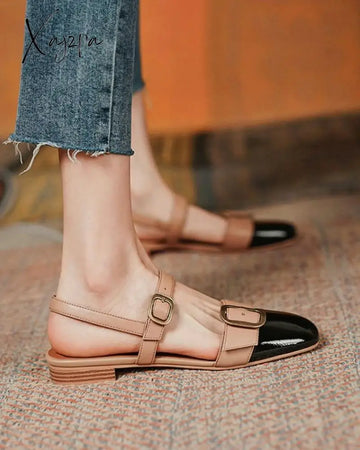 Xajzpa - Colorblock Buckled Square Toe Slingback Shoes Slip-On
